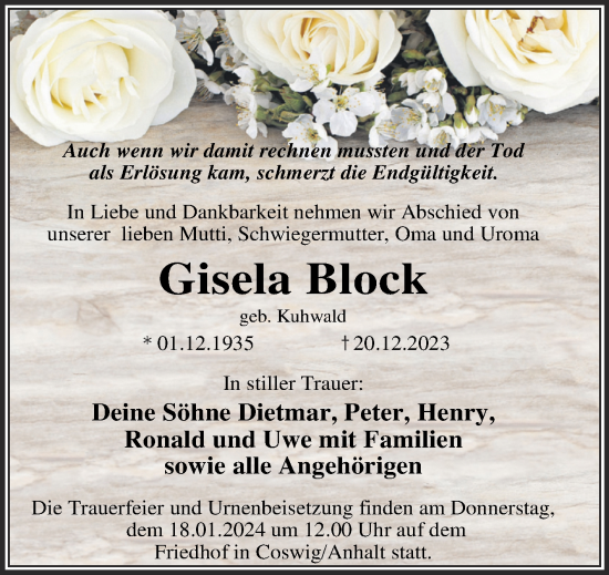 Traueranzeige von Gisela Block von Trauerkombi Wittenberg