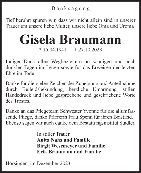 Traueranzeige von Gisela Braumann von Volksstimme Haldensleben/Wolmirstedt