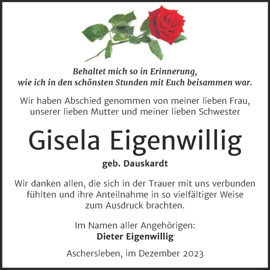 Traueranzeige von Gisela Eigenwillig von Trauerkombi Aschersleben