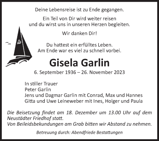 Traueranzeige von Gisela Garlin von Volksstimme Magdeburg