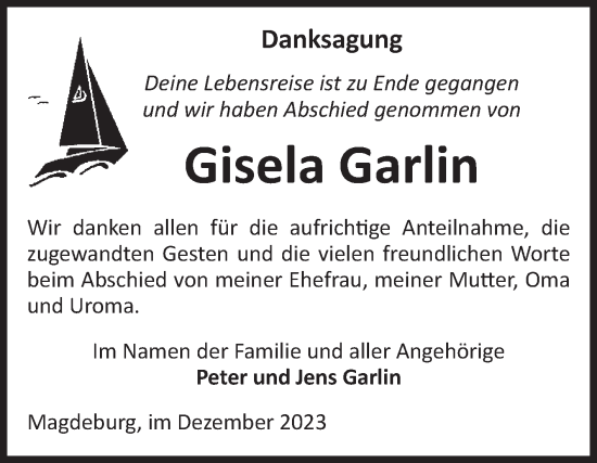 Traueranzeige von Gisela Garlin von Volksstimme Magdeburg
