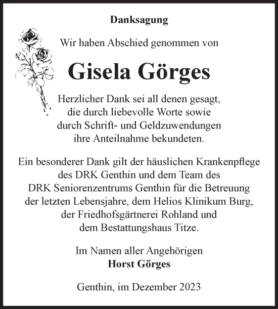 Traueranzeige von Gisela Görges von Volksstimme Burg/Genthin
