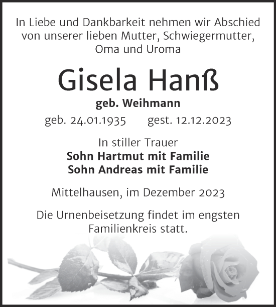 Traueranzeige von Gisela Hanß von Trauerkombi Sangerhausen