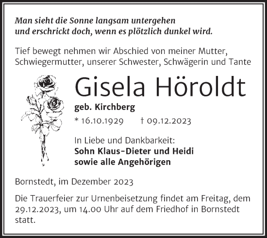 Traueranzeige von Gisela Höroldt von Trauerkombi Mansfelder Land