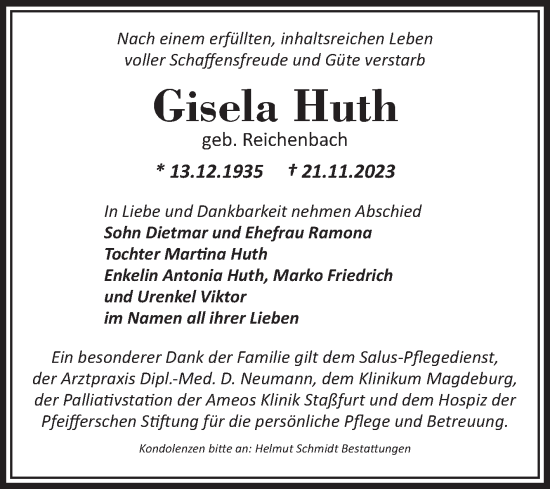 Traueranzeige von Gisela Huth von Volksstimme Magdeburg