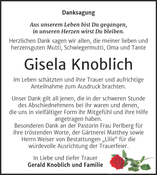 Traueranzeige von Gisela Knoblich von Trauerkombi Dessau