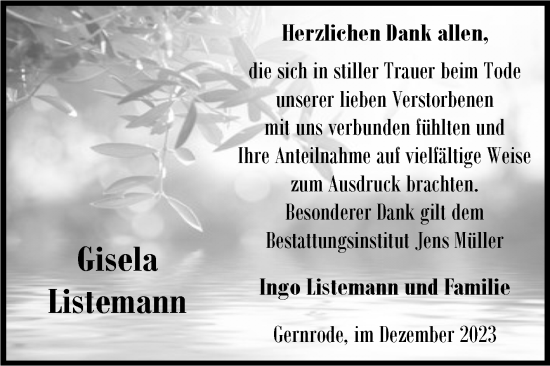 Traueranzeige von Gisela Listemann von Trauerkombi Aschersleben