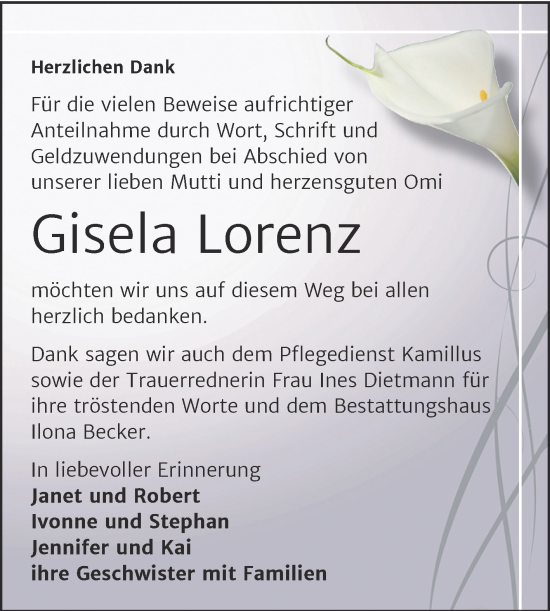 Traueranzeige von Gisela Lorenz von Trauerkombi Sangerhausen