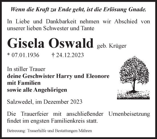 Traueranzeige von Gisela Oswald von Volksstimme Altmark West