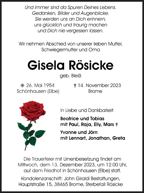 Traueranzeige von Gisela Rösicke von Volksstimme Altmark Ost