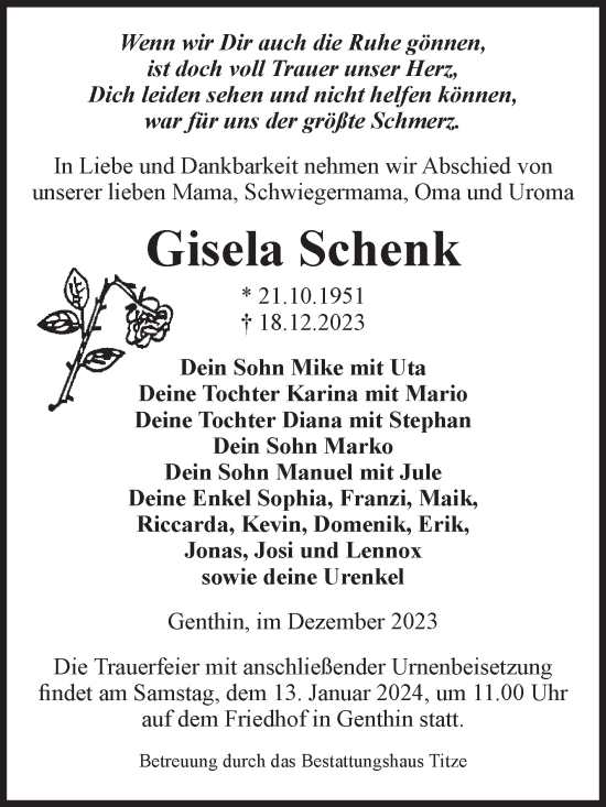 Traueranzeige von Gisela Schenk von Volksstimme Burg/Genthin