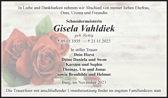 Traueranzeige von Gisela Vahldiek von Volksstimme Burg/Genthin