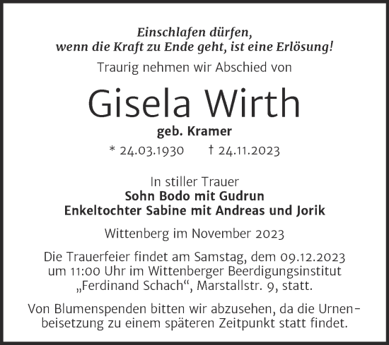 Traueranzeige von Gisela Wirth von Trauerkombi Wittenberg