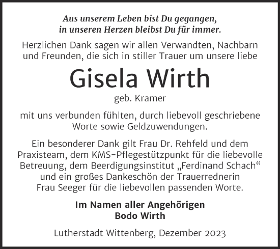Traueranzeige von Gisela Wirth von Trauerkombi Wittenberg