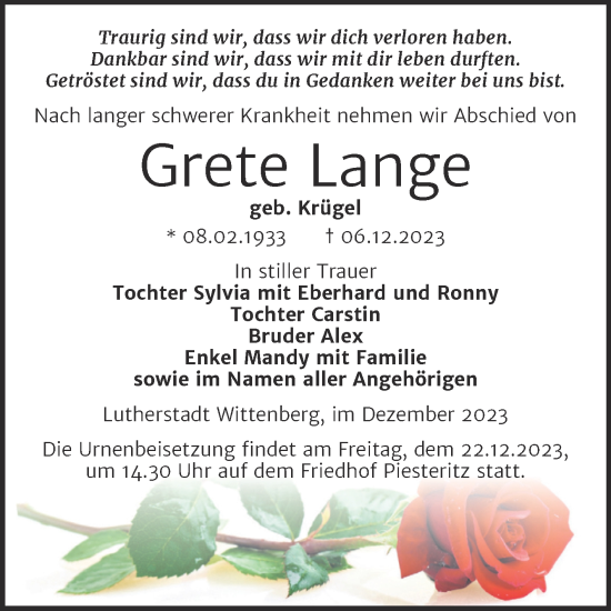 Traueranzeige von Grete Lange von Trauerkombi Wittenberg