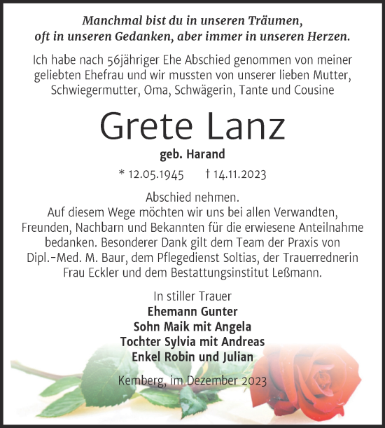 Traueranzeige von Grete Lanz von Trauerkombi Wittenberg