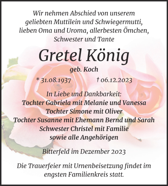 Traueranzeige von Gretel König von Trauerkombi Bitterfeld