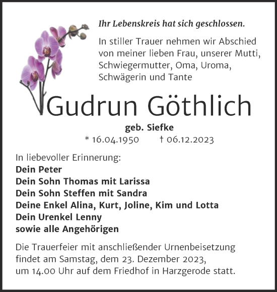 Traueranzeige von Gudrun Göthlich von Trauerkombi Quedlinburg