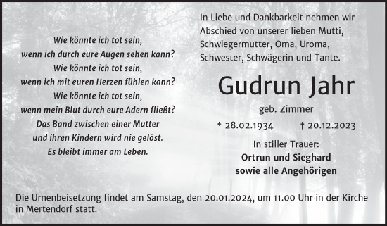 Traueranzeige von Gudrun Jahr von Naumburger Tageblatt