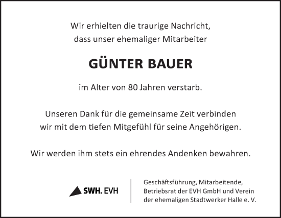 Traueranzeige von Günter Bauer von Mitteldeutsche Zeitung Halle/Saalkreis