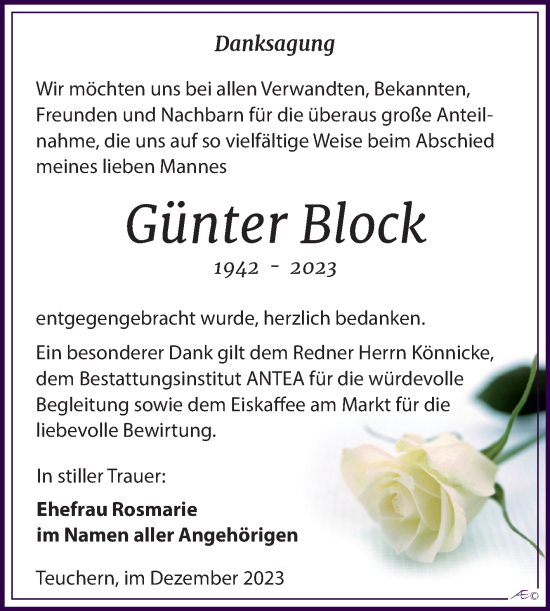 Traueranzeige von Günter Block von Trauerkombi Weißenfels