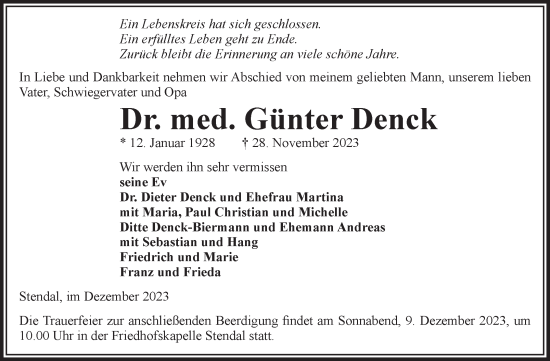 Traueranzeige von Günter Denck von Volksstimme Altmark Ost