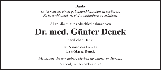 Traueranzeige von Günter Denck von Volksstimme Altmark Ost