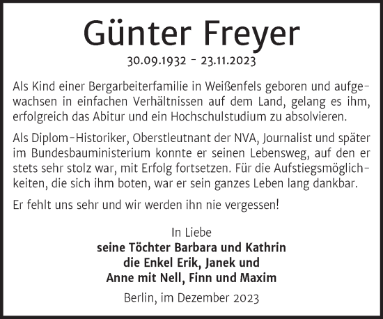 Traueranzeige von Günter Freyer von Mitteldeutsche Zeitung Weißenfels