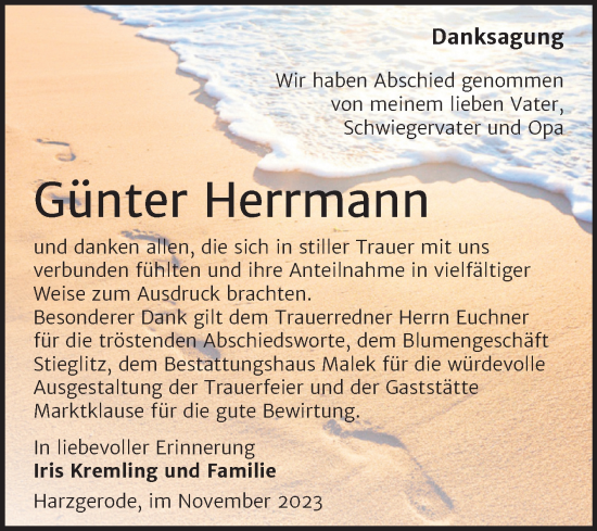Traueranzeige von Günter Herrmann von Trauerkombi Quedlinburg