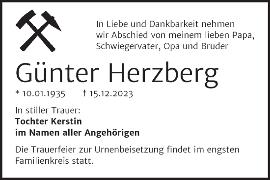 Traueranzeige von Günter Herzberg von Trauerkombi Mansfelder Land