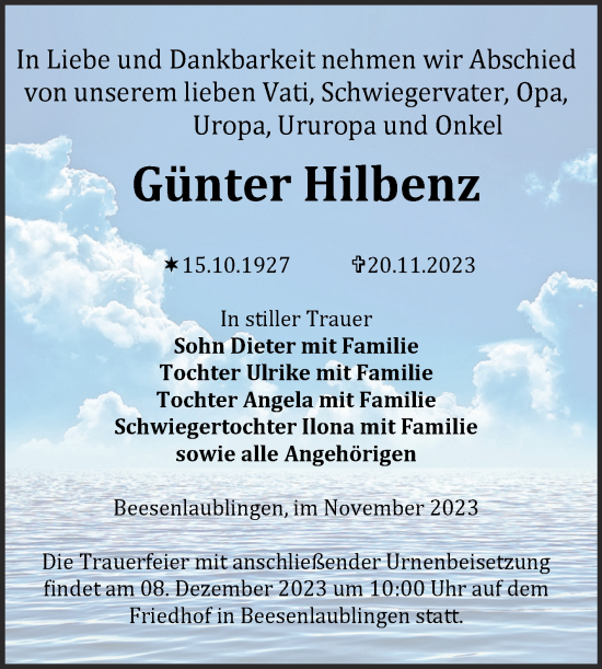 Traueranzeige von Günter Hilbenz von Mitteldeutsche Zeitung Halle/Saalkreis