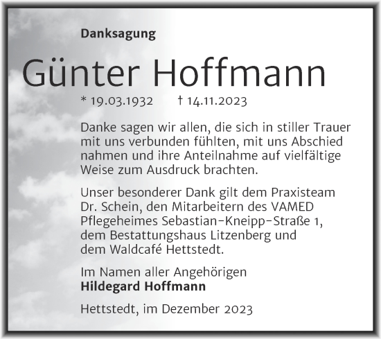 Traueranzeige von Günter Hoffmann von Trauerkombi Mansfelder Land