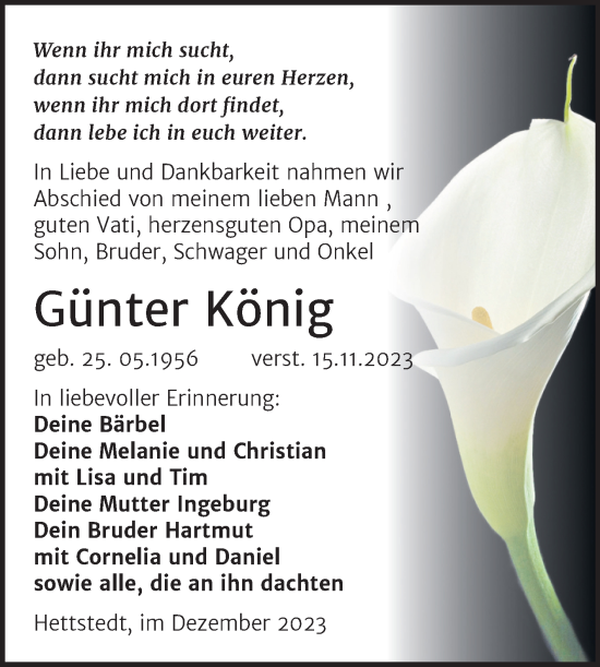 Traueranzeige von Günter König von Trauerkombi Mansfelder Land