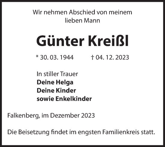 Traueranzeige von Günter Kreißl von Volksstimme Altmark Ost