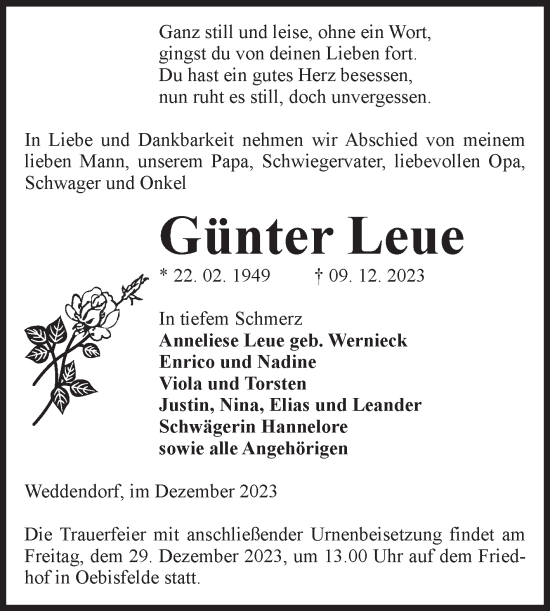 Traueranzeige von Günter Leue von Volksstimme Altmark West