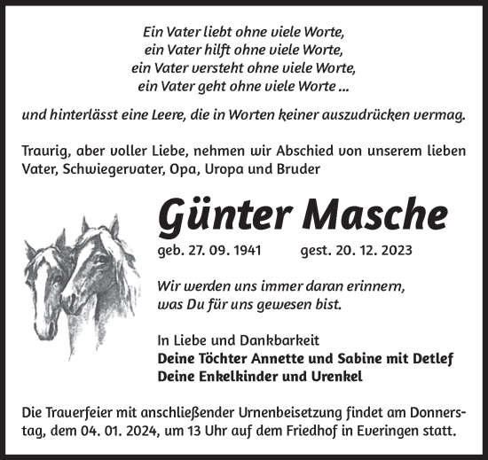 Traueranzeige von Günter Masche von Volksstimme Haldensleben/Wolmirstedt