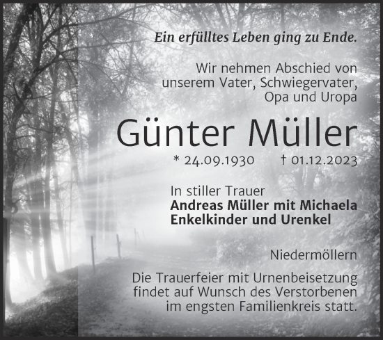 Traueranzeige von Günter Müller von Wochenspiegel Naumburg/Nebra