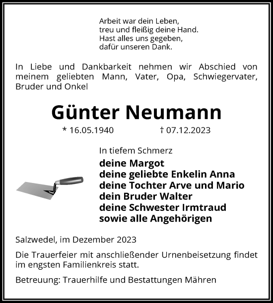 Traueranzeige von Günter Neumann von Volksstimme Altmark West