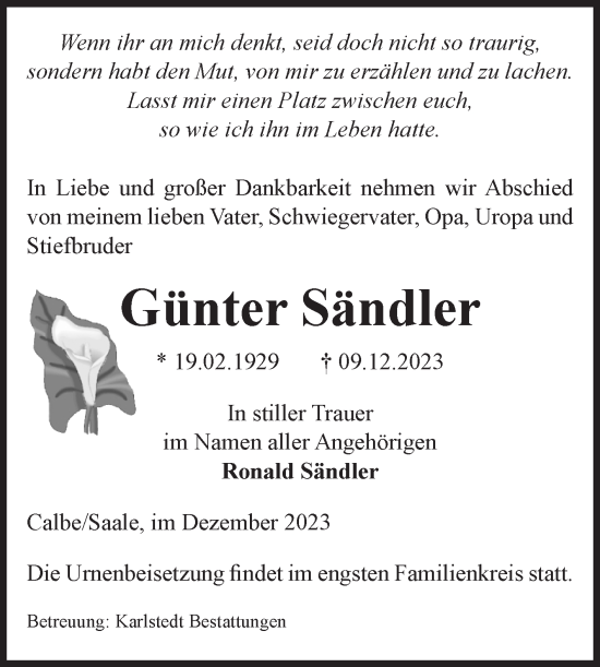 Traueranzeige von Günter Sändler von Volksstimme Staßfurt