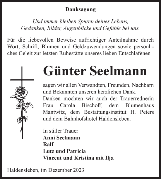 Traueranzeige von Günter Seelmann von Volksstimme Haldensleben/Wolmirstedt