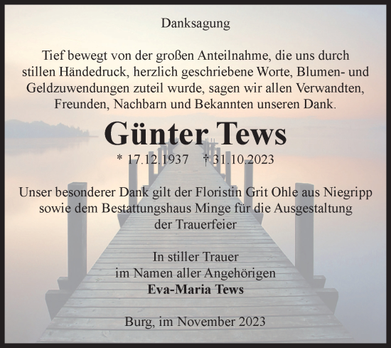 Traueranzeige von Günter Tews von Volksstimme Burg/Genthin