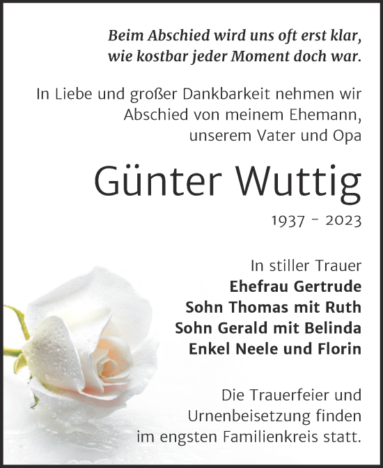 Traueranzeige von Günter Wuttig von Trauerkombi Wittenberg