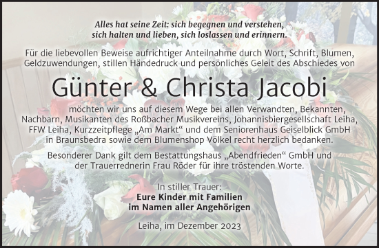 Traueranzeige von Günter und Christa Jacobi von Trauerkombi Merseburg