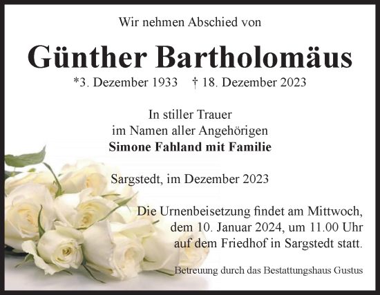 Traueranzeige von Günther Bartholomäus von Volksstimme Halberstadt