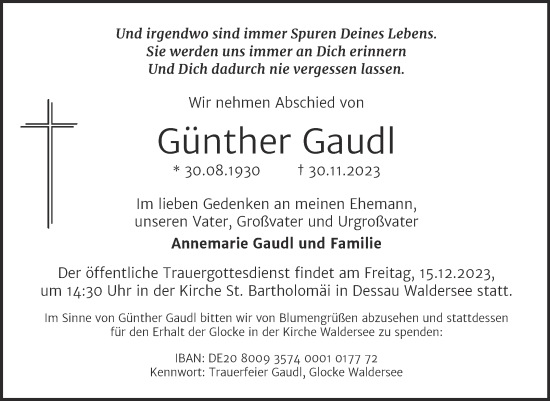 Traueranzeige von Günther Gaudl von Trauerkombi Dessau