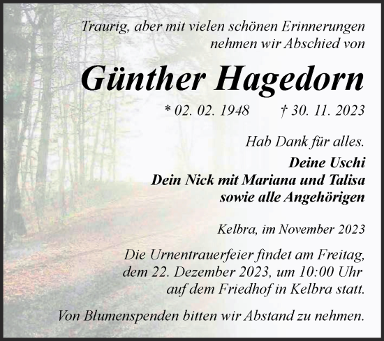 Traueranzeige von Günther Hagedorn von Trauerkombi Sangerhausen