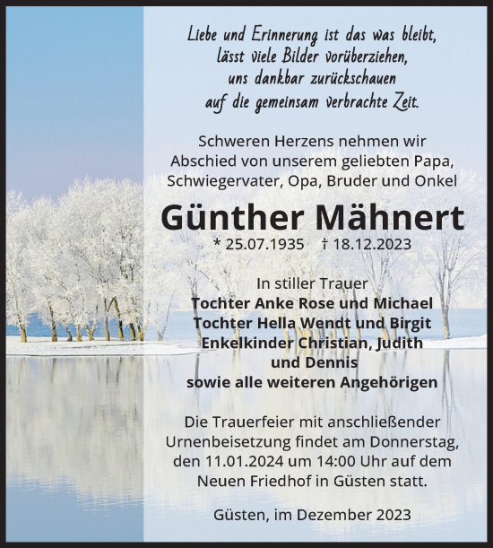 Traueranzeige von Günther Mähnert von Volksstimme Staßfurt