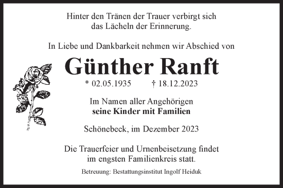 Traueranzeige von Günther Ranft von Volksstimme Schönebeck