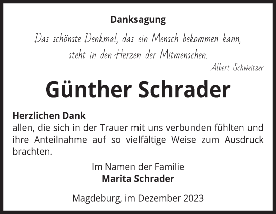 Traueranzeige von Günther Schrader von Volksstimme Magdeburg