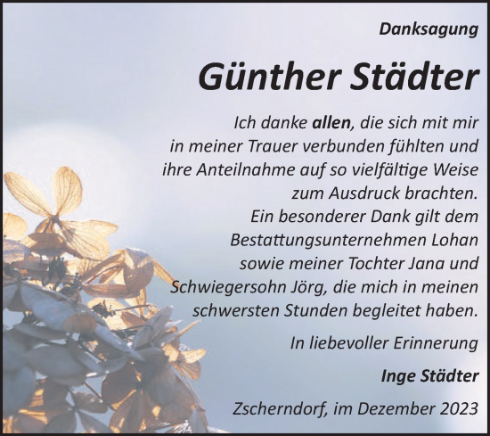 Traueranzeige von Günther Städter von Mitteldeutsche Zeitung Bitterfeld
